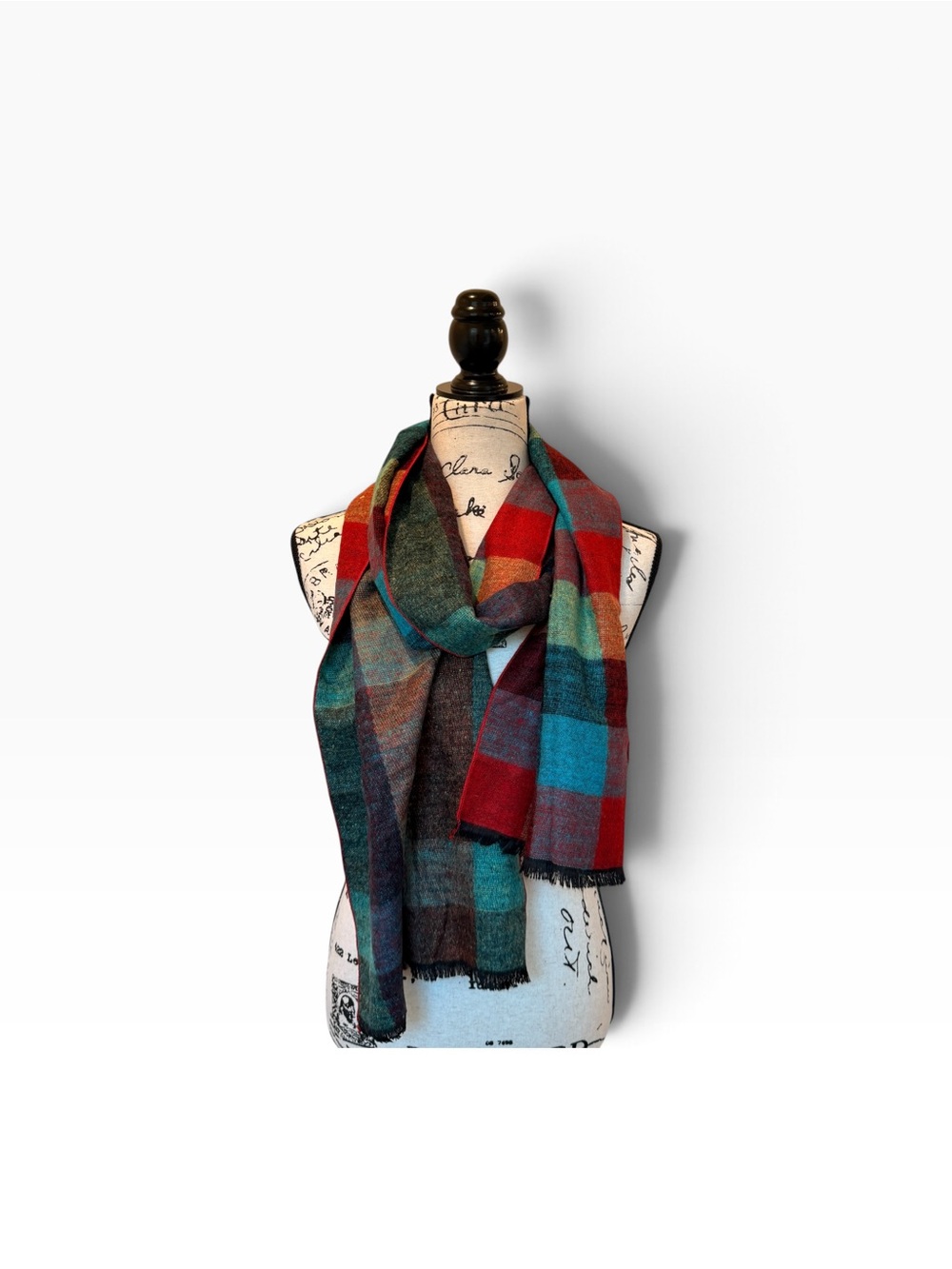 100% Cashmere Multicolor Plaid Scarf Red Teal Green Black 12”x76” Quiet Luxury